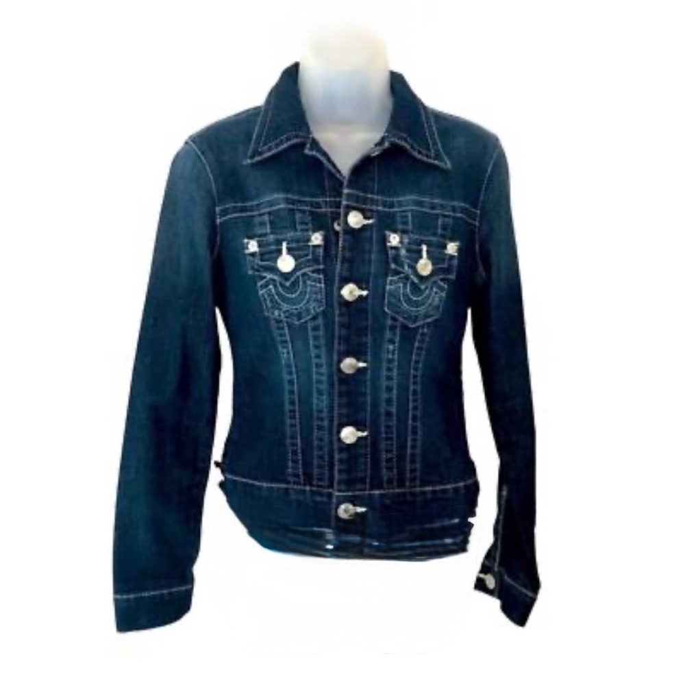 Y2K True Religion Trucker Jacket Dark Wash Stretch Denim Jean Coat Size L - Picture 3 of 7
